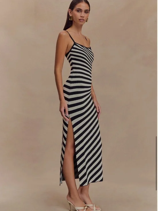 Meshki Black & Cream Diagonal Stripe Spaghetti Strap Maxi Dress - Picture 3 of 3